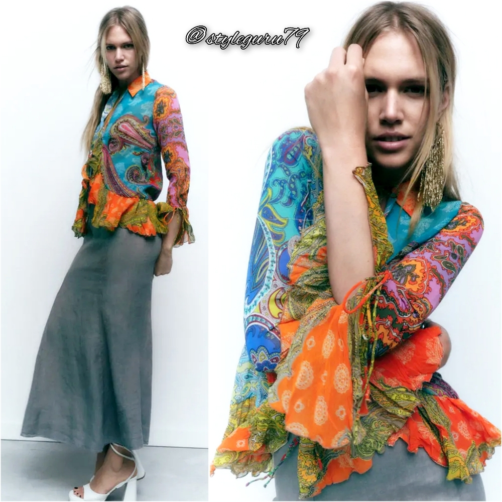 NWT, ZARA, Printed Ruffled Blouse - Picture 3 of 5